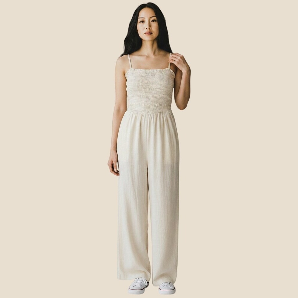 H&M Smocked Linen Blend Wide Leg Jumpsuit Cream Beige Summer Minimalist Small